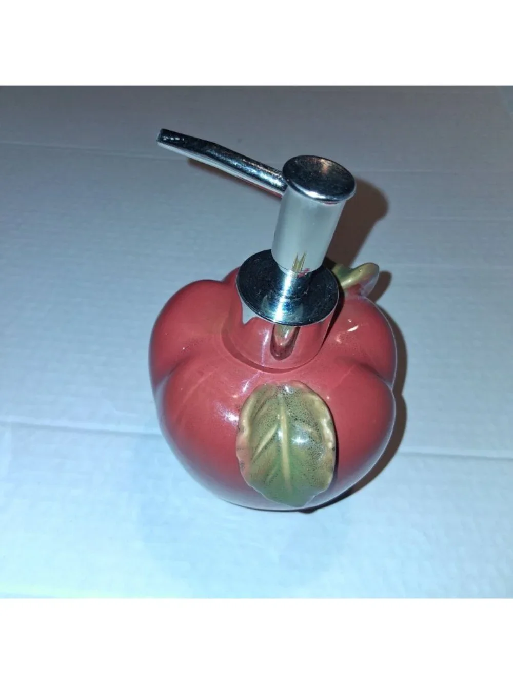 Ceramic Apple-Shaped Soap Dispenser With Metal Pump & Green Leaf Accents